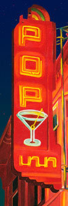 Pop Inn, painting by Pescatore, subject night scene of a pub on Park Street in Alameda, California, oil, 20x24, ©1984, category NIGHT