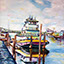 Above Water, painting by Pescatore, subject tugboat at dock on the Tidal Canal, Alameda, California, oil, 18x24, 1985, category REAL