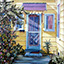 And a Half, painting by Pescatore, subject small studio with a covered entrance and two side door windows, oil, 24x36, ©1985, category REAL