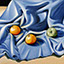 Apple or Oranges, painting by Pescatore, subject three oranges and a green apple huddled in blue, oil, 15x30, ©2002, category STILL