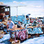 Auto Market, painting by Pescatore, subject Produce vendors at a people's market in Alameda, Ca, oil, 24x39, ©1985 category FIGURE