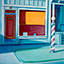 Barber Blues, painting by Pescatore, subject barber shop with a barber's pole on front lawn, Alameda, Calif., oil, 24x36, ©1987, category REAL