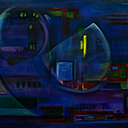 City Moon, painting by Pescatore, subject night time aerial view of a city, acrylic, 48x64, copyright 2000 category NIGHT
