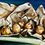 Cry Babies, painting by Pescatore, subject five white onions scattered within a opened paper bag , oil, 18x24, ©2002, category STILL