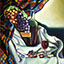 Curtain Call, painting by Pescatore, subject still life with grapes, bottle of wine and colorful drapery, acrylic, 16x20, ©2004, category STILL