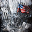 Glorious Courage, by Pescatore, subject rescue firemen raising the Stars and Stripes at Ground Zero, acrylic, 36x48, ©2001, category FIGURE