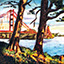 Golden, by Pescatore, subject Golden Gate Bridge from the shores of San Francisco. California, acrylic, 4x5 miniature, ©1998, category LAND 