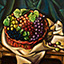 Grape Basket, by Pescatore, subject still life with red wicker basket filled with a variety of grapes, acrylic, 16x18, ©2004, category STILL
