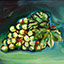 Grapes, painting by Pescatore, subjec bunch of grapes encircled by hues of blue and green, acrylic, 12x16, ©2003, category STILL