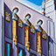 Headstart, painting by Pescatore, subject three headed facade building located in Santa Cruz, California, oil, 20x24, ©1996, category REAL