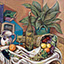 Horn of Plenty, by Pescatore, subject a cornucopia overflowing with fruit in front of a set of books, acrylic, 26x32, ©2002, category STILL