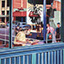 Inside Out, painting by Pescatore, subject patrons in and outside a diner in Bisbee, Az, oil, 16x20, ©1996, category FIGURE 