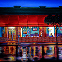 Night Rain, painting by Pescatore, subject small restaurant on a rainy night in Alameda, California, oil, 24x36, copyright 1987, category NIGHT