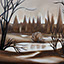 Oregon 2, by Pescatore, subject Willamette River viewed in burnt umber from Bryant Park, Albany, Oregon, acrylic, 24x30, ©1998, category LAND
