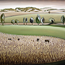 Oregon 7, painting by Pescatore, subject four cows in the midst of a rolling green Oregon valley, acrylic,24x30, copyright 2002, category LAND