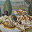 Room for Wine, painting by Pescatore, subject table set for a feast next to a pulled curtain landscape, acrylic, 27x35, ©2002, category STILL