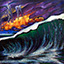 Sea Lightning, painting by Pescatore, subject breaking wave and lightning storm off Cannon Beach, Oregon, acrylic, 36x36, ©2002, category NIGHT