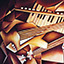 Sextet, painting by Pescatore, subject six pack sepia jazz musical instrument grouping, oil, 36x72, ©1987, category ABSTRACT