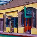 Sideshow, painting by Pescatore, subject side strreet with sitting dog in the town of Bisbee, Arizona, acrylic, 24x30, ©1996, category REAL