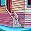 Spring Cleaning, painting by Pescatore, subject woman cleaning her bannister in a Alameda, Ca neighborhood,  oil, 24x36, ©1987, category FIGURE 