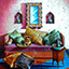 Starlight, painting by Pescatore, subject posh sofa adorned wiith splendid pillows and exquisite furnishings, oil, 24x36, ©1993, category STILL