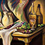 Still Chardonnay, painting by Pescatore, subject bottle of chardonnay with glass and porcelain pitcher, acrylic, 16x20, ©2003, category STILL