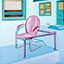 Summer's Chair, by Pescatore, subject pink patio chair in front of a light green bungalow in Oceanside, Calif., oil, 24x36, ©1988, category REAL