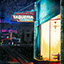 Taqueria, painting by Pescatore, subject night scene of a Mexican restaurant on Alameda Ave., Alameda, Calif., oil, 28x32, ©1985, category NIGHT