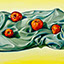 Teachers Vice, painting by Pescatore, subject four red apples nestled in green against a yellow background, oil, 15x30, ©2002, category STILL