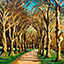 Trees of Iridescence, painting by Pescatore, subject tree-lined country road Willamette Valley, Oregon, acylic, 48x48, ©2000, category LAND