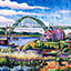 Yaquina Bridge, painting by Pescatore, subject an arch bridge that spans Yaquina Bay in Newport, Oregon, acrylic, 24x48, ©1996, category LAND
